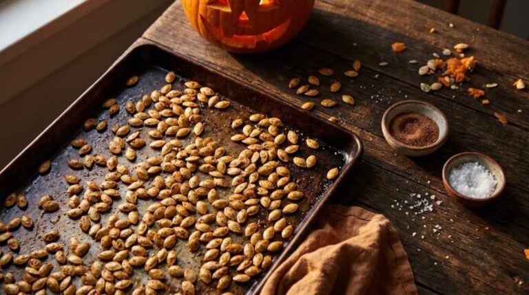 Golden roasted pumpkin seeds on a rustic sheet pan with a carved jack-o-lantern behind