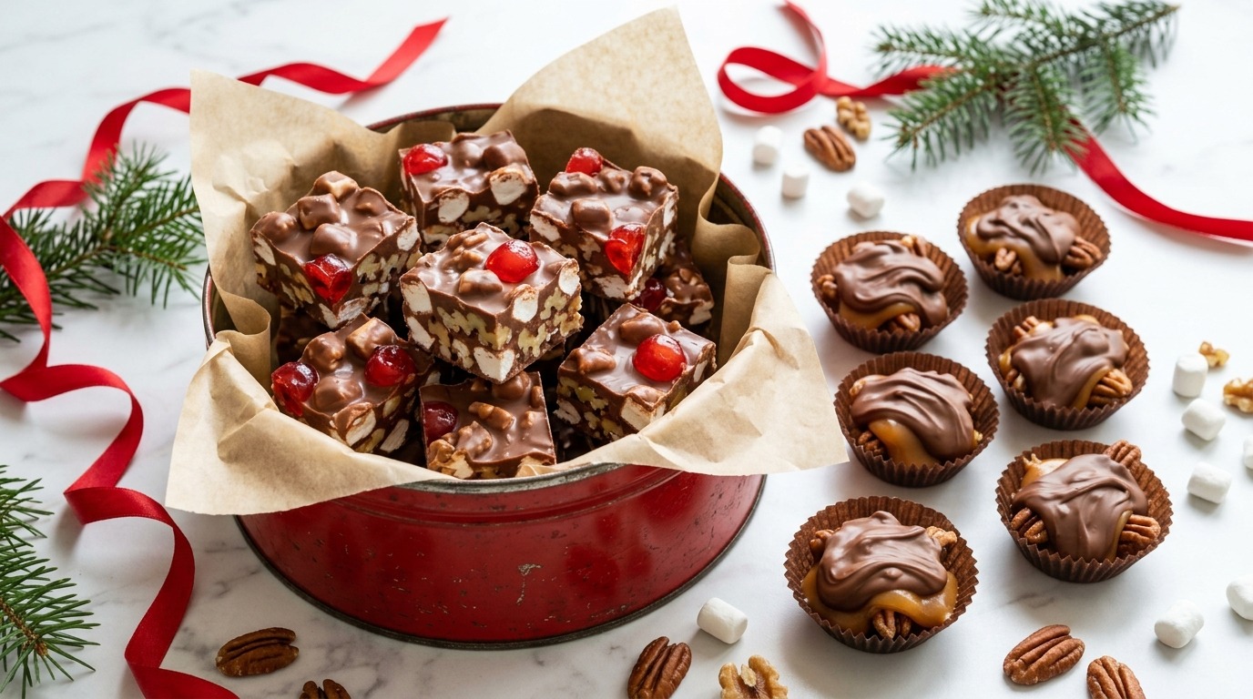 Rocky road candy squares in a red Christmas tin with pecan caramel clusters