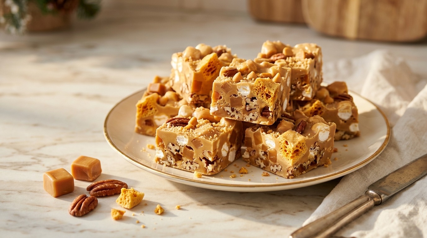 Golden caramel squares with honeycomb shards and pecans on a plate