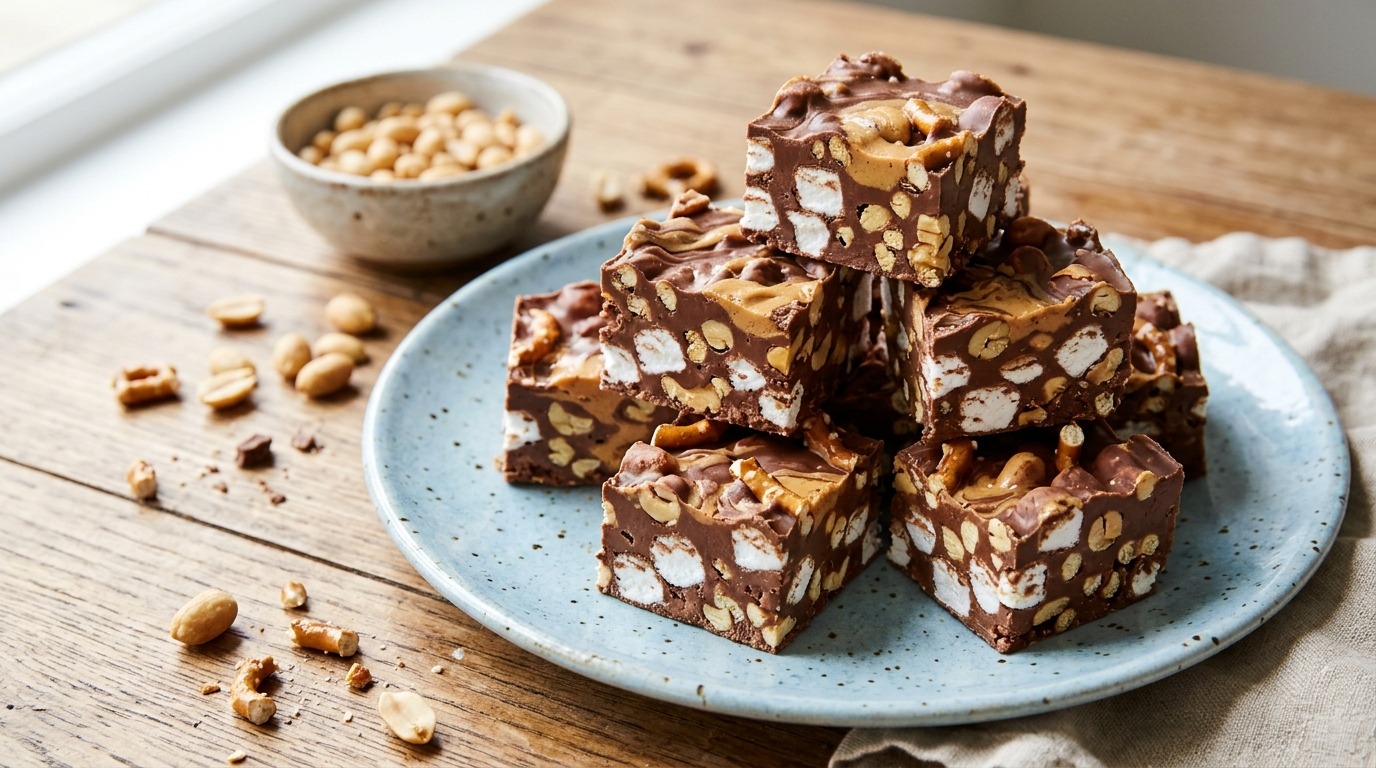 Stack of peanut butter chocolate squares with peanuts and pretzels