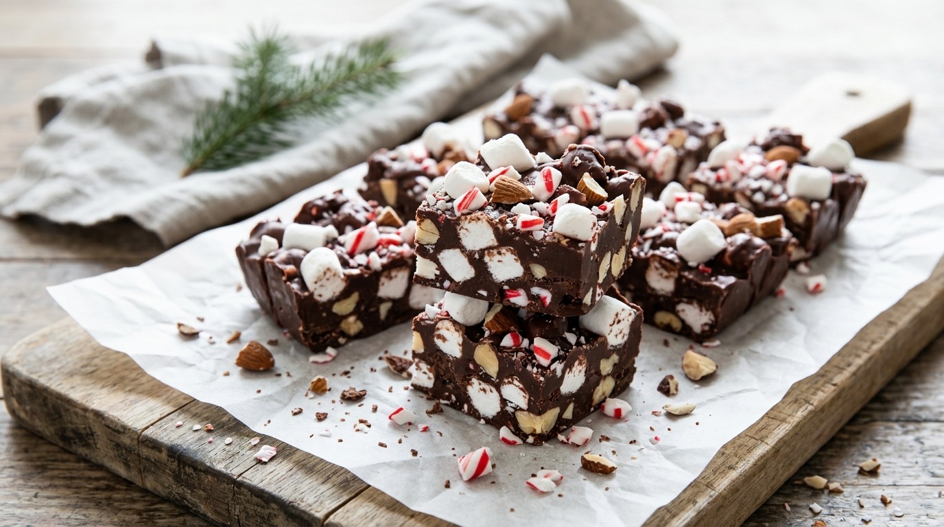 Rocky road candy with peppermint pieces and marshmallows on parchment