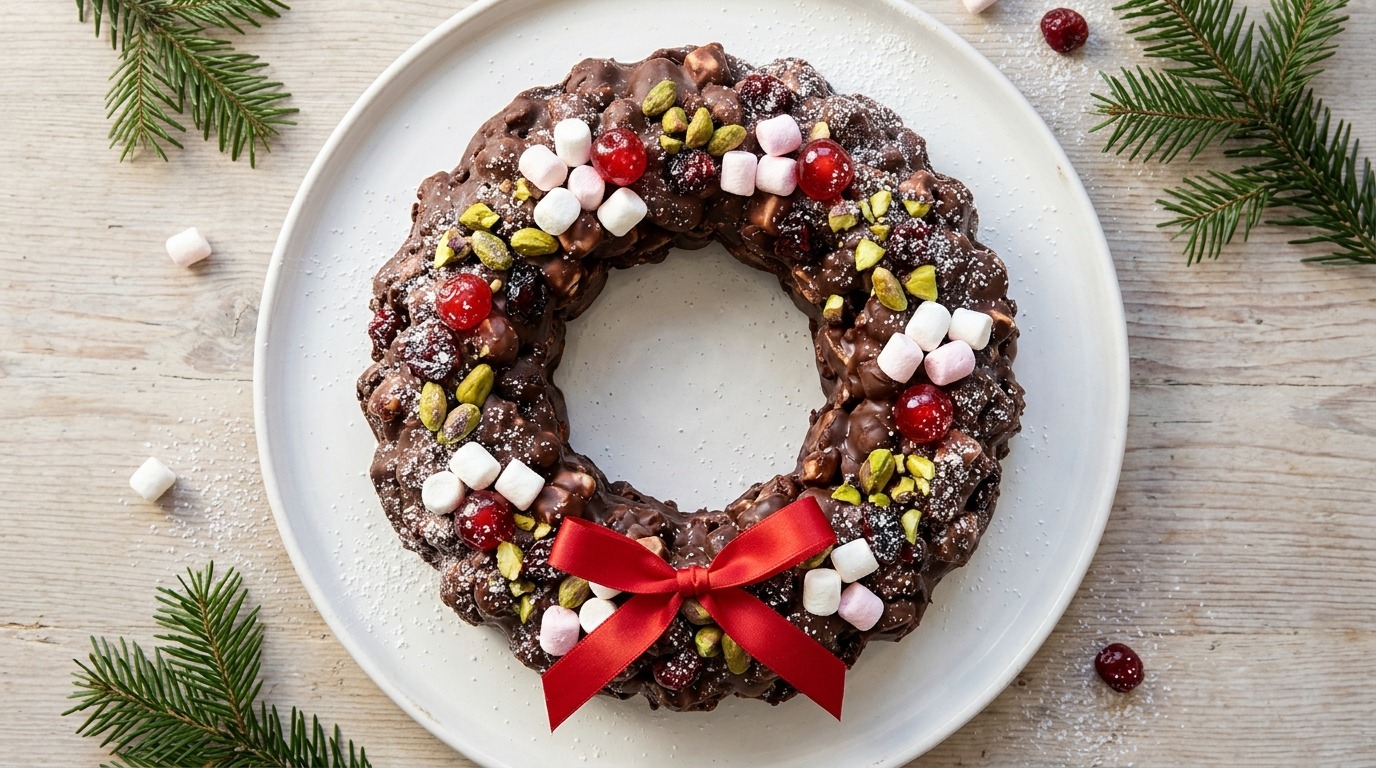 Rocky road candy wreath dusted with sugar and tied with a red bow