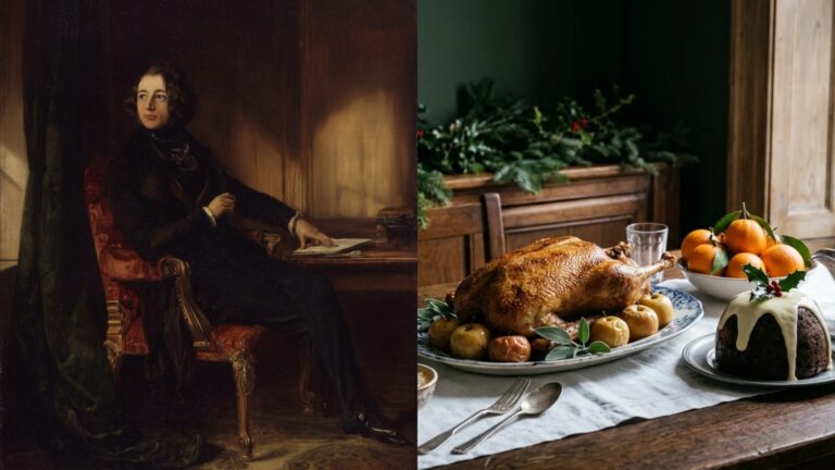 Charles Dickens portrait beside a Victorian Christmas table with roast goose and plum pudding