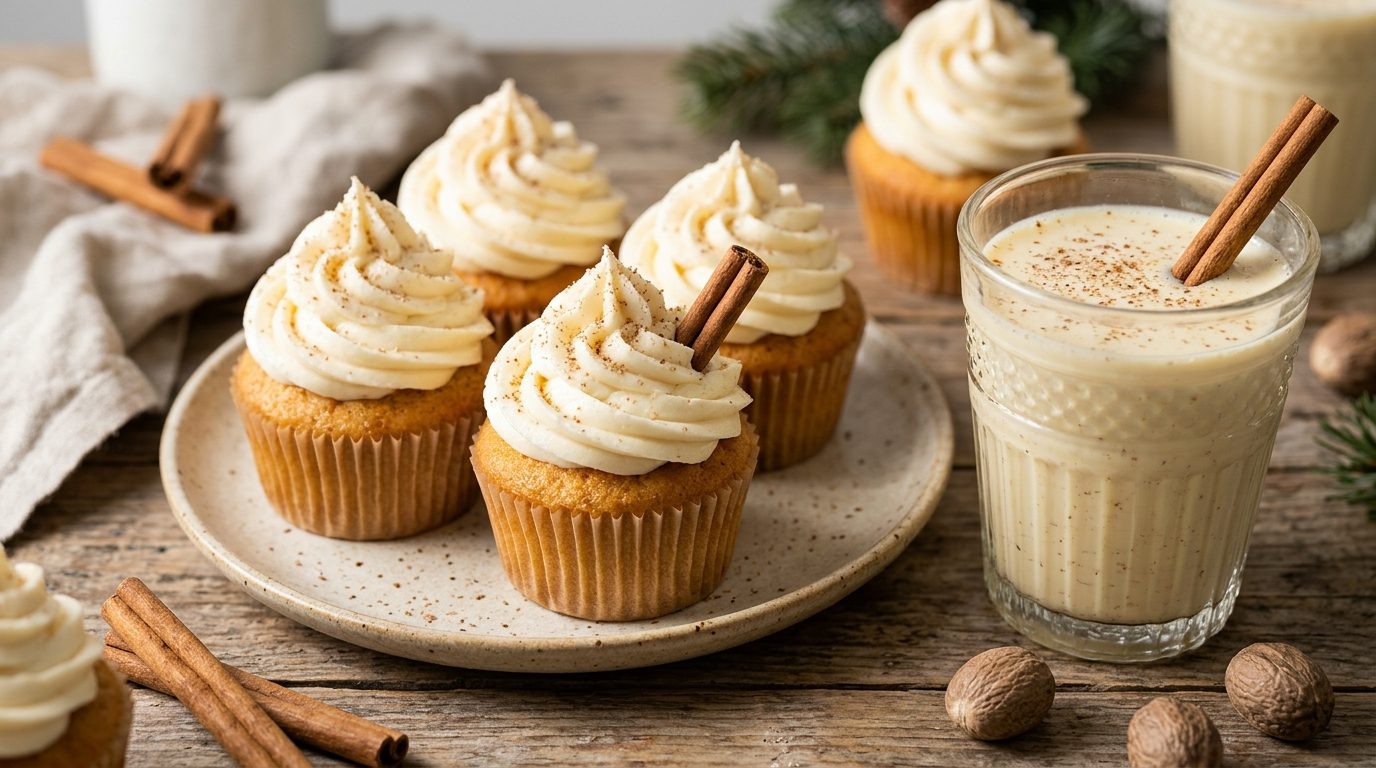 Small vanilla cakes with nutmeg dusted frosting beside a glass of eggnog