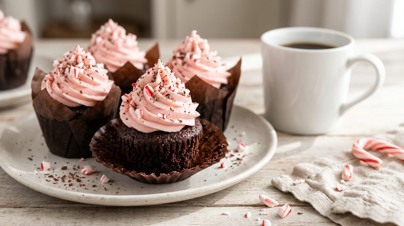 Chocolate cakes with pink peppermint frosting and candy cane pieces