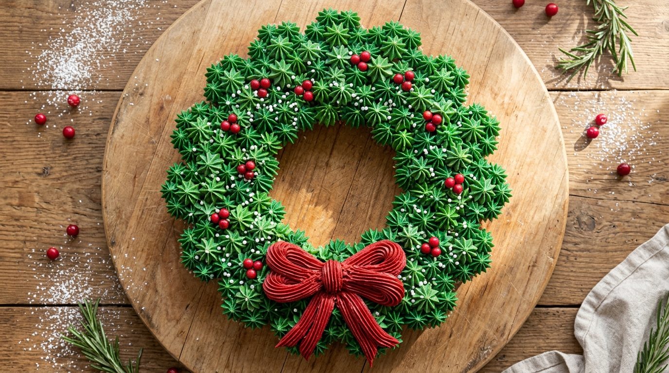Christmas cupcakes arranged and frosted as a pull apart green wreath with a red bow