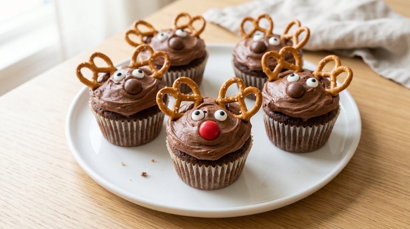 Chocolate frosted treats with pretzel antlers, candy eyes and a red nose
