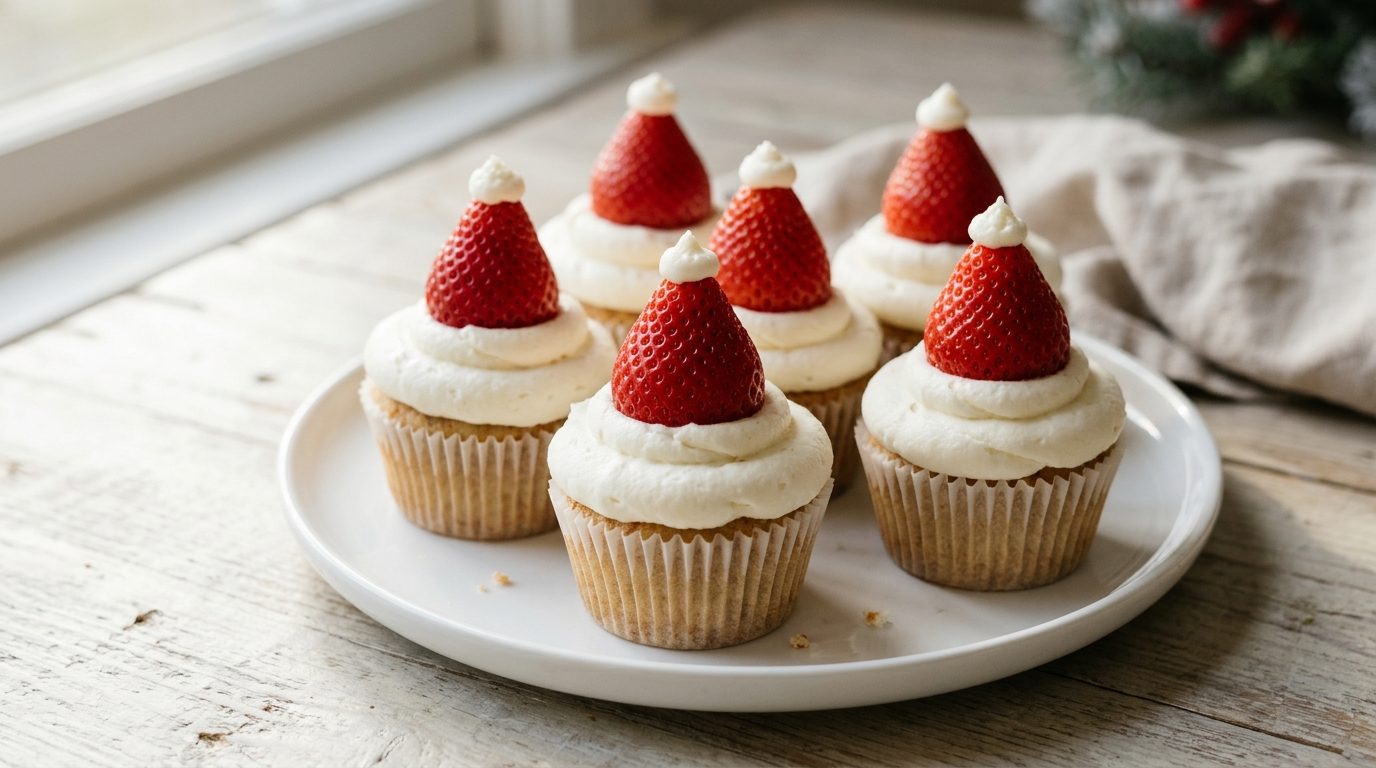 Strawberry Santa hats on white frosting swirls