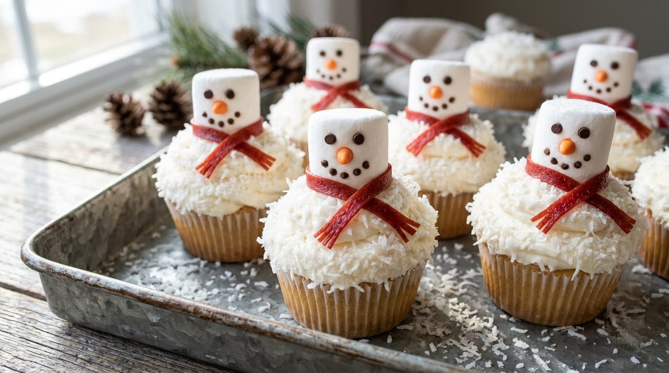 Christmas cupcakes with marshmallow snowmen wearing fruit leather scarves