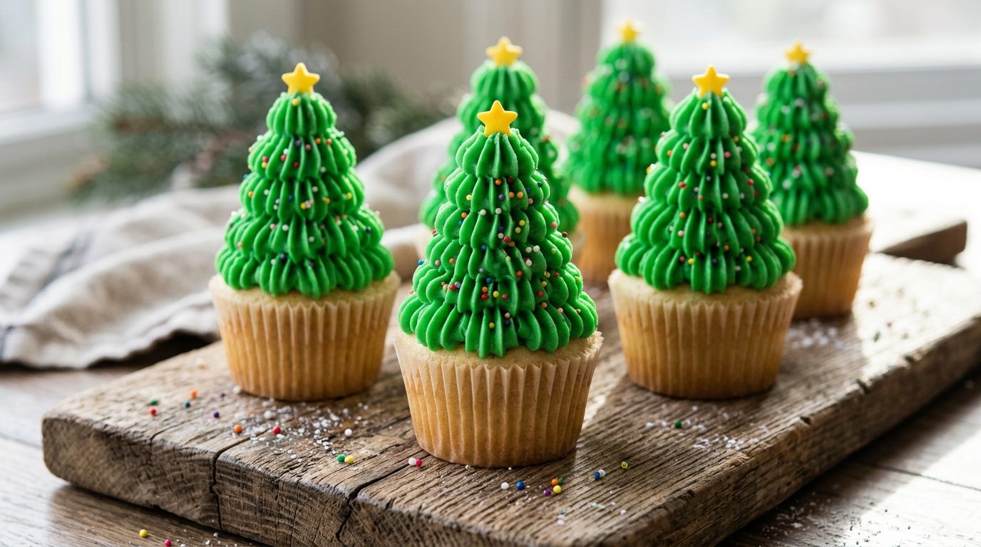 Christmas cupcakes piped like green trees with sprinkle ornaments and star toppers
