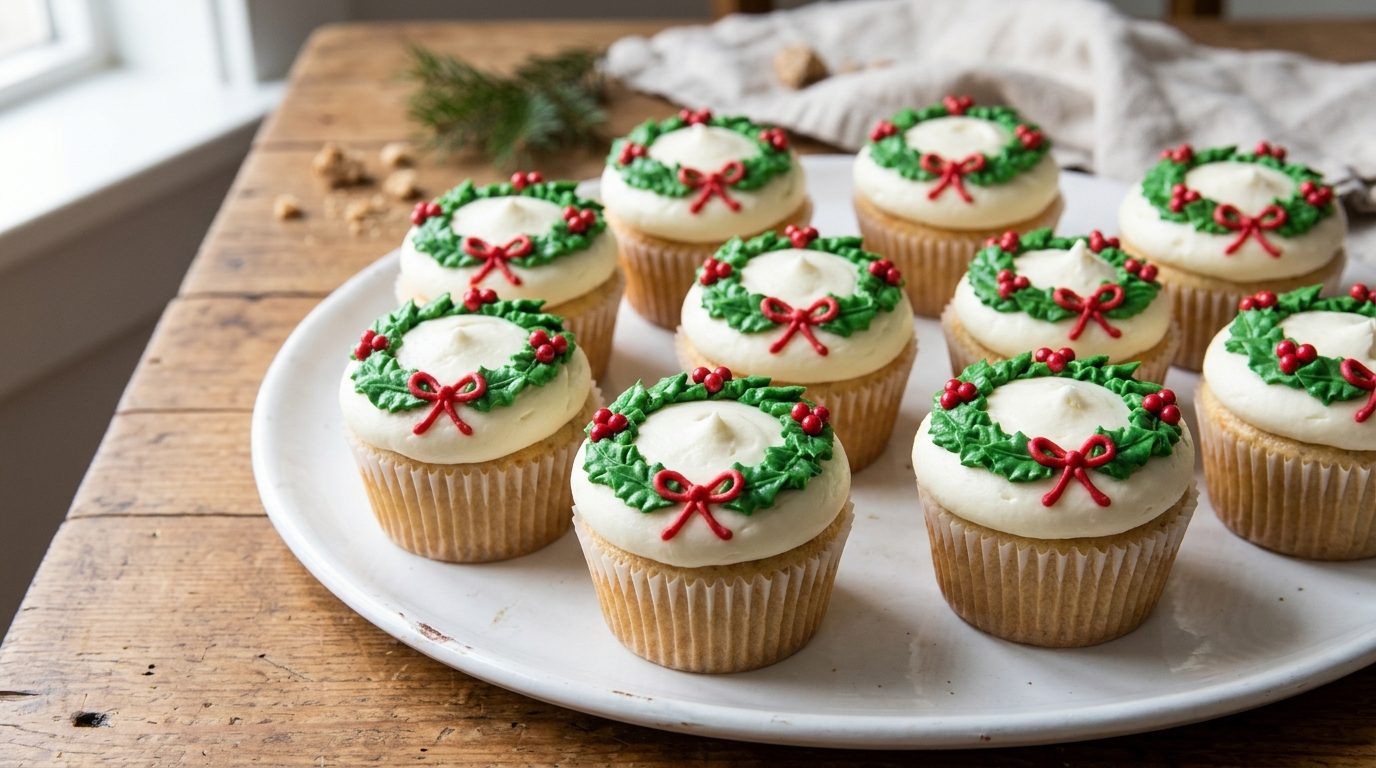 Wreath cupcakes piped with green leaves and red candy berries