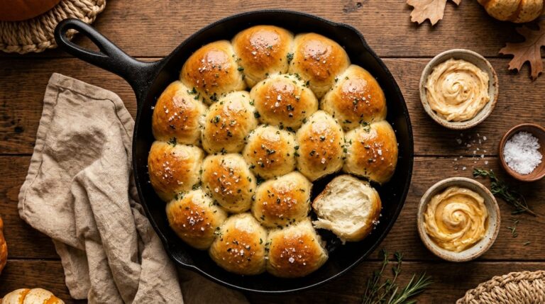 Thanksgiving dinner rolls: golden pull apart yeast rolls in a cast iron skillet brushed with melted butter and flaky salt