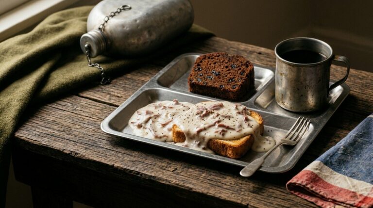 Military food: creamed chipped beef on toast on a vintage metal mess tray with spiced war cake and a tin cup of coffee