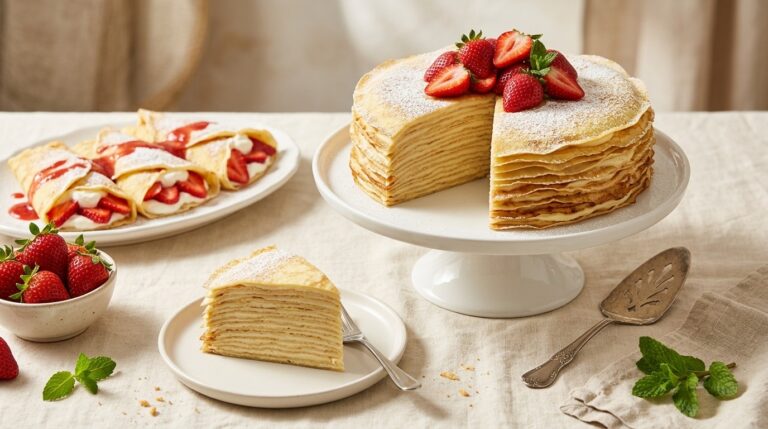 Crepe recipes showstopper: a tall vanilla mille crepe cake with strawberries and a cut slice