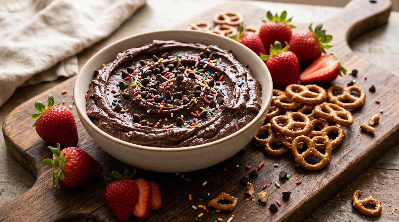 Fudgy brownie batter dip with strawberries and pretzels