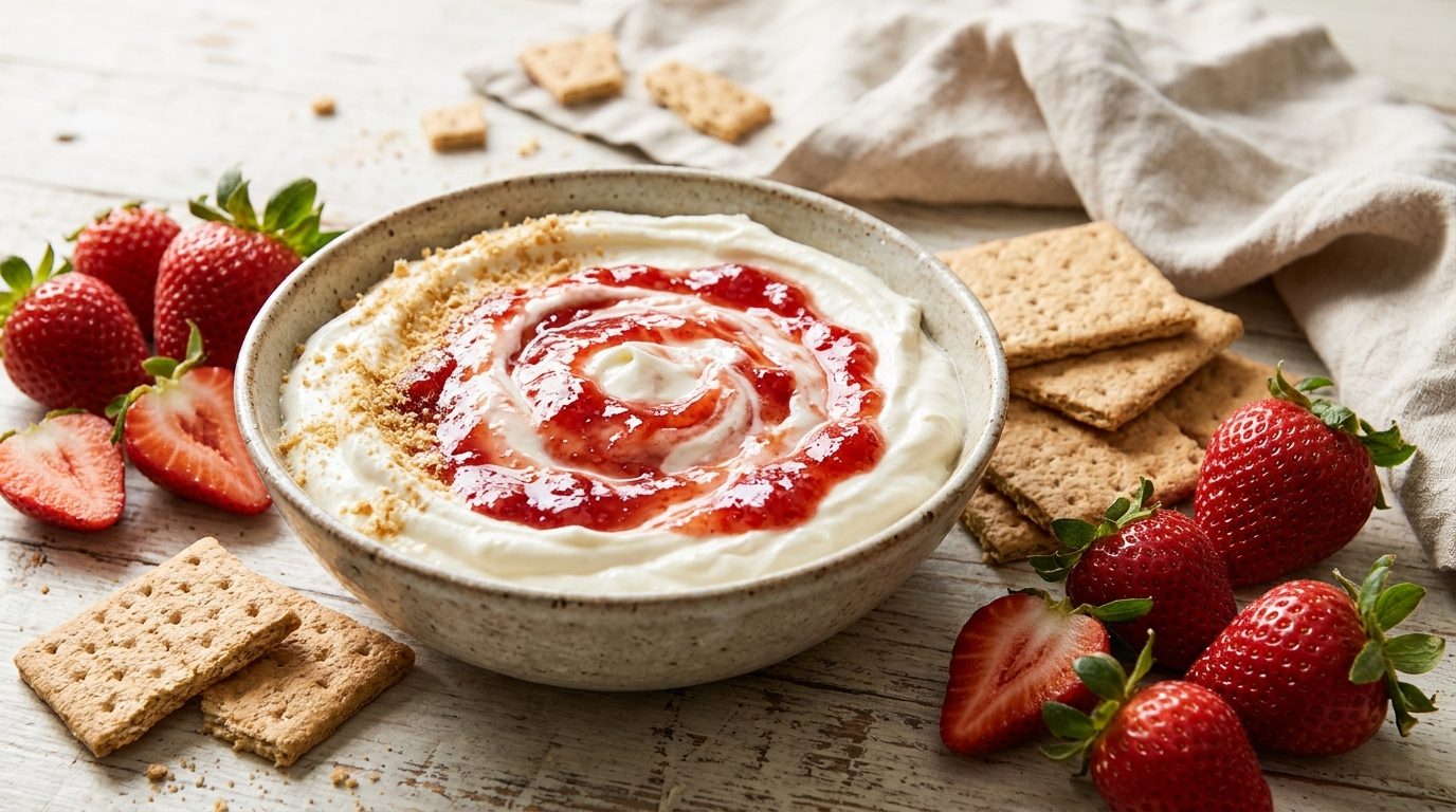 Dessert dips with no baking: cheesecake dip with a strawberry jam swirl and graham crackers