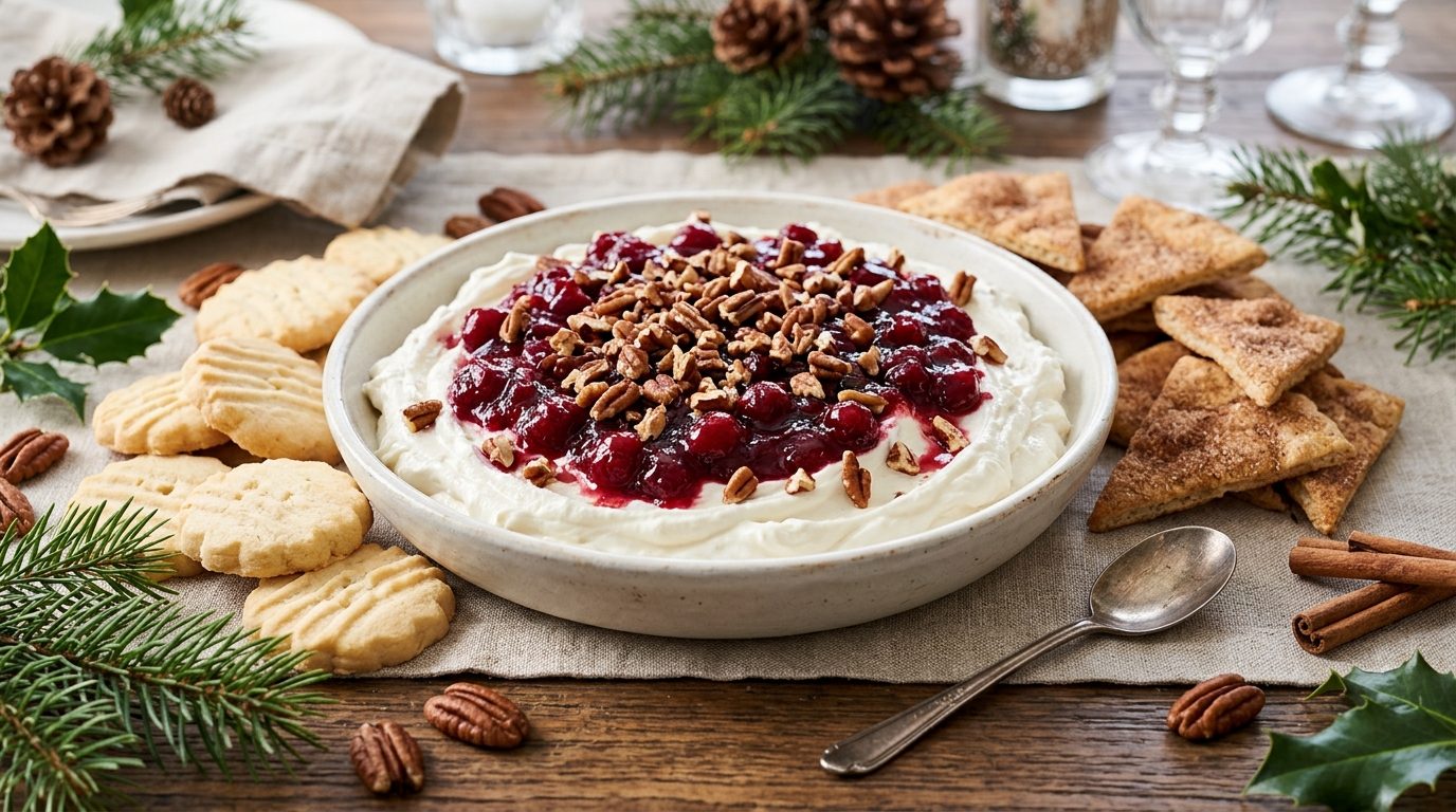 Cranberry cream cheese dip with pecans and shortbread cookies