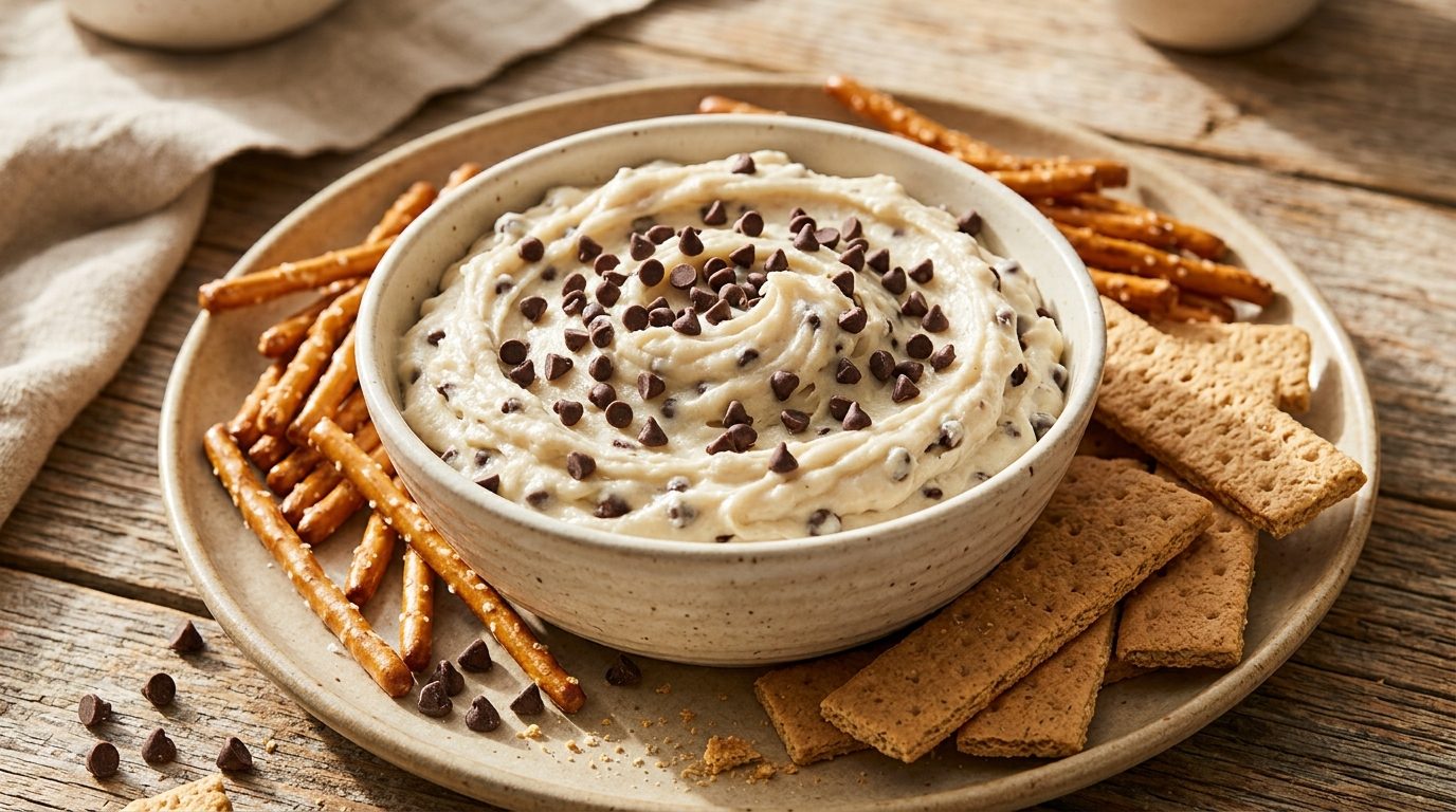 Egg free cookie dough dip with mini chocolate chips and pretzel sticks