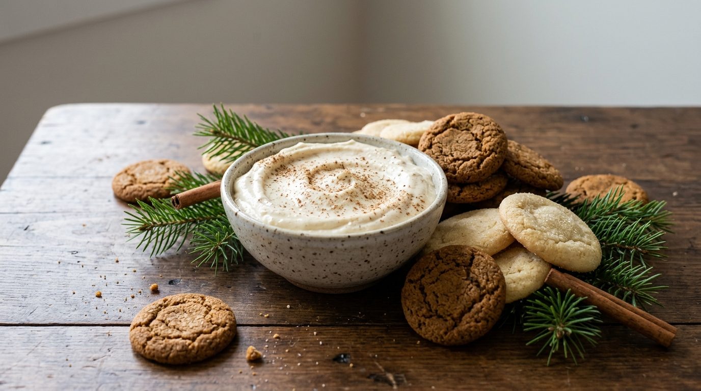Creamy eggnog dip dusted with nutmeg with gingersnaps for dipping
