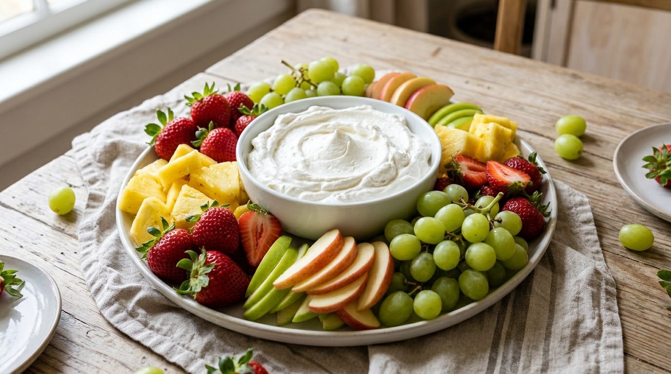 Dessert dips in 2 minutes: marshmallow fruit dip with strawberries, grapes and pineapple
