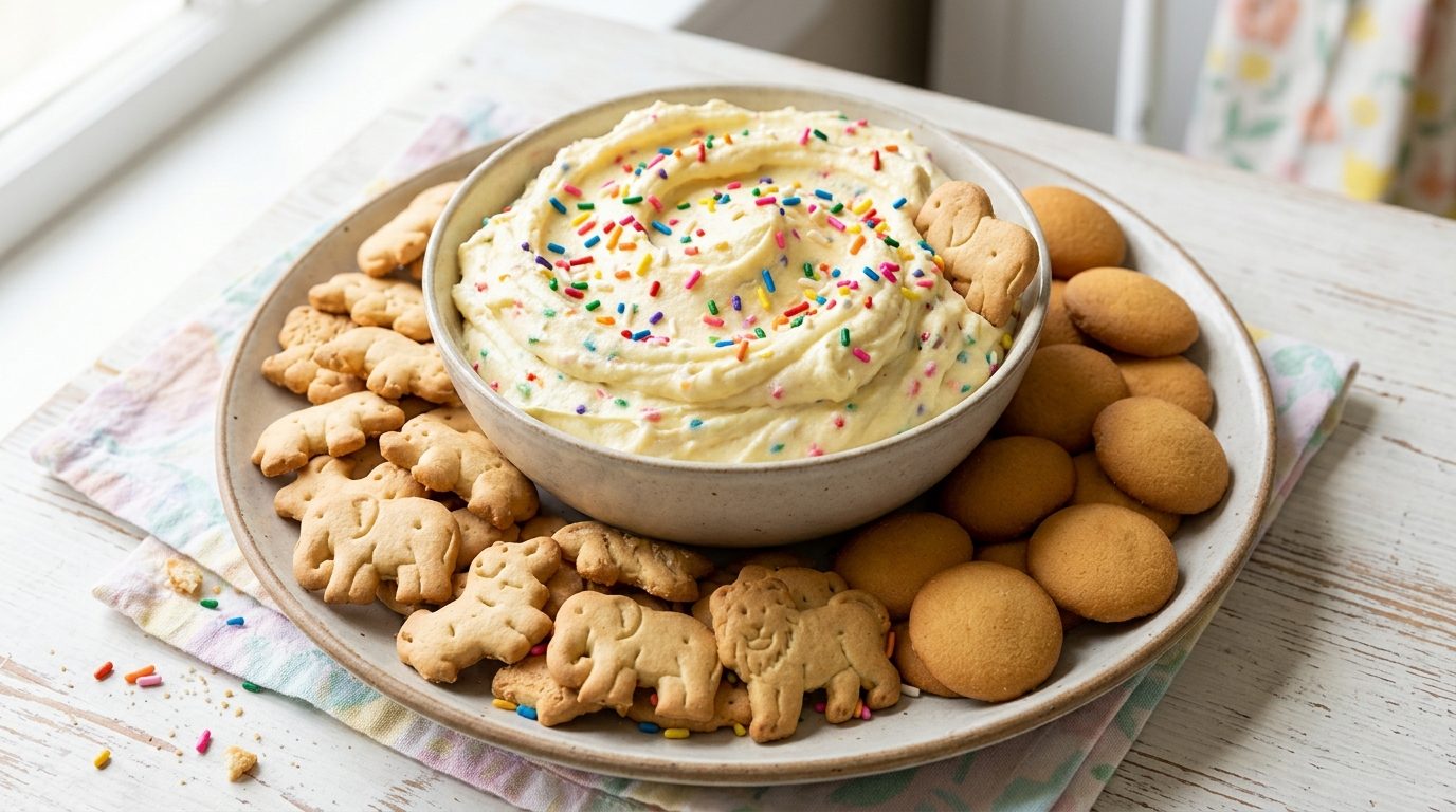 Dessert dips for kids: funfetti cake batter dip with animal crackers
