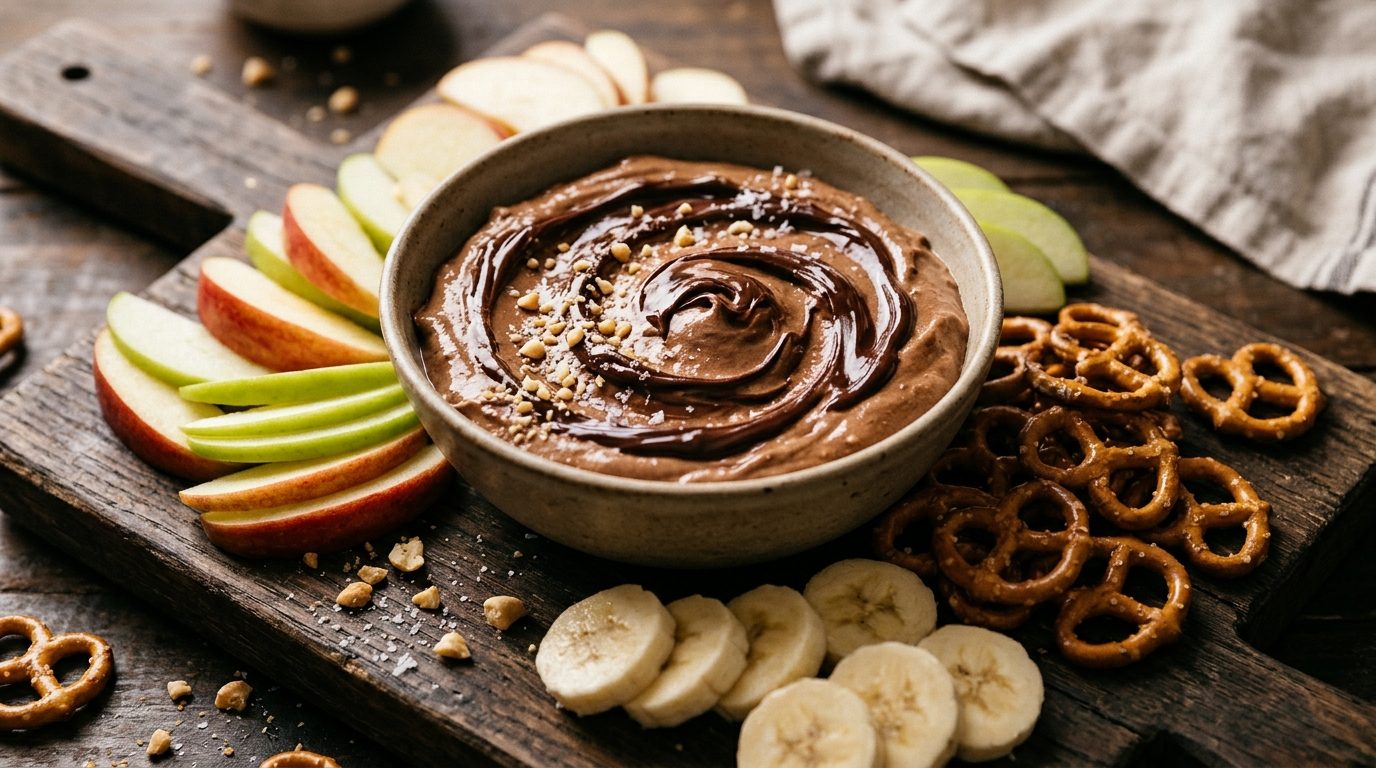 Chocolate peanut butter dip with apple and banana slices