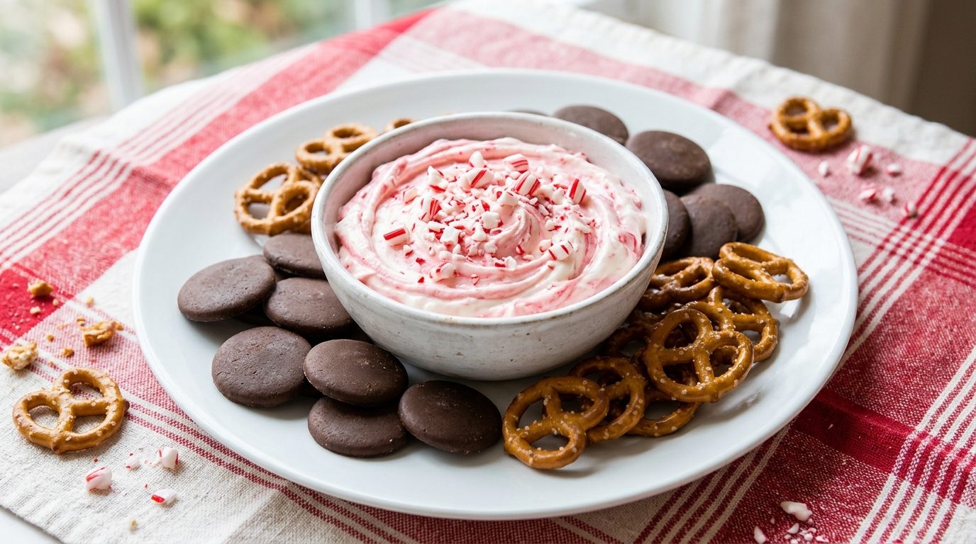 Dessert dips for Christmas: peppermint bark dip with crushed candy canes and chocolate wafers