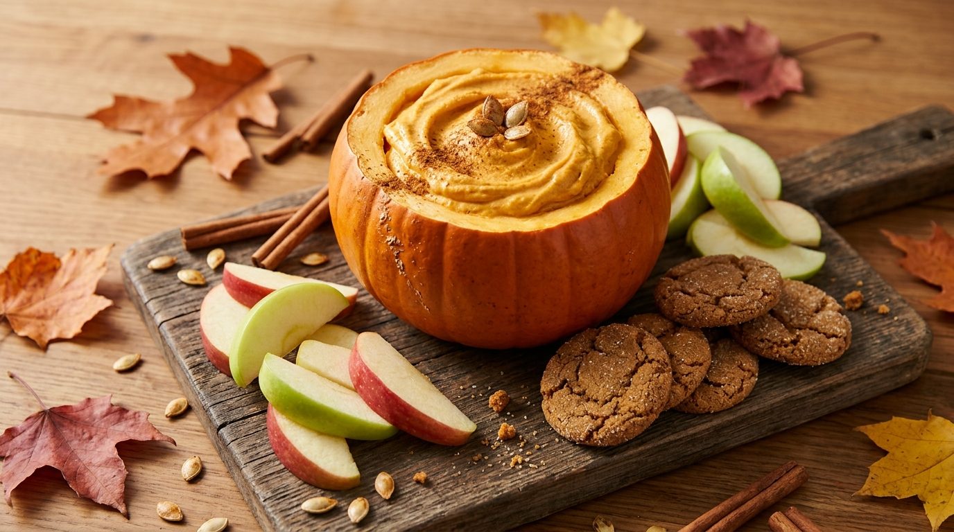 Pumpkin cream cheese dip served inside a small hollowed out pumpkin with gingersnaps