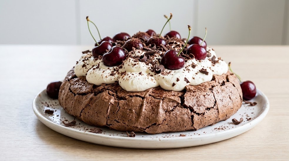 Chocolate meringue topped with whipped cream, dark cherries and chocolate shavings
