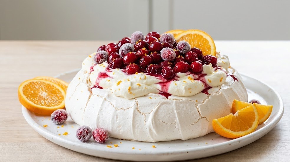 Christmas pavlova topped with orange cream and glossy red cranberries