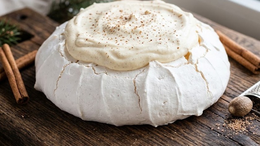 Snowy meringue with eggnog cream and grated nutmeg beside cinnamon sticks