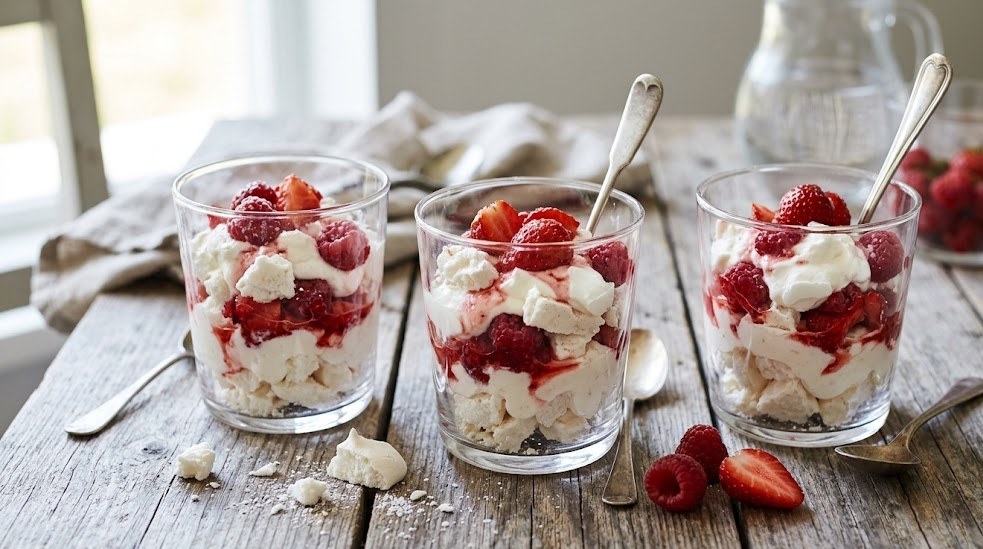 Eton mess in glasses with broken meringue, whipped cream and berries
