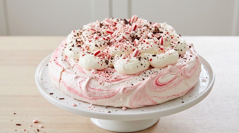 Christmas pavlova with pink swirled meringue, whipped cream and crushed candy canes