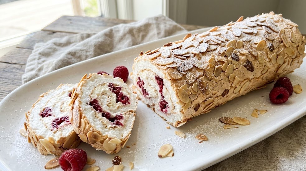 Sliced meringue roulade with cream and raspberries dusted with powdered sugar
