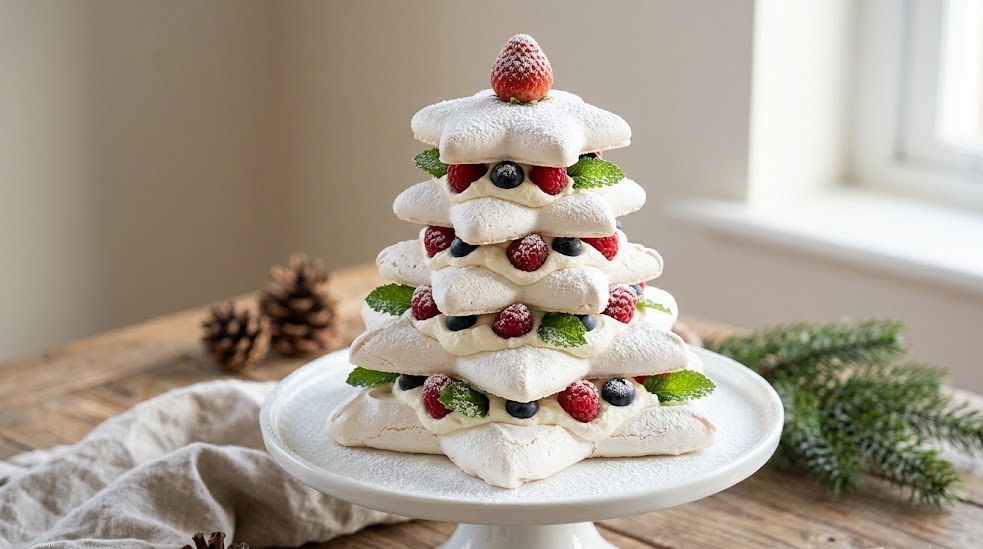Christmas pavlova stacked like a tree with cream, berries and a powdered sugar snow