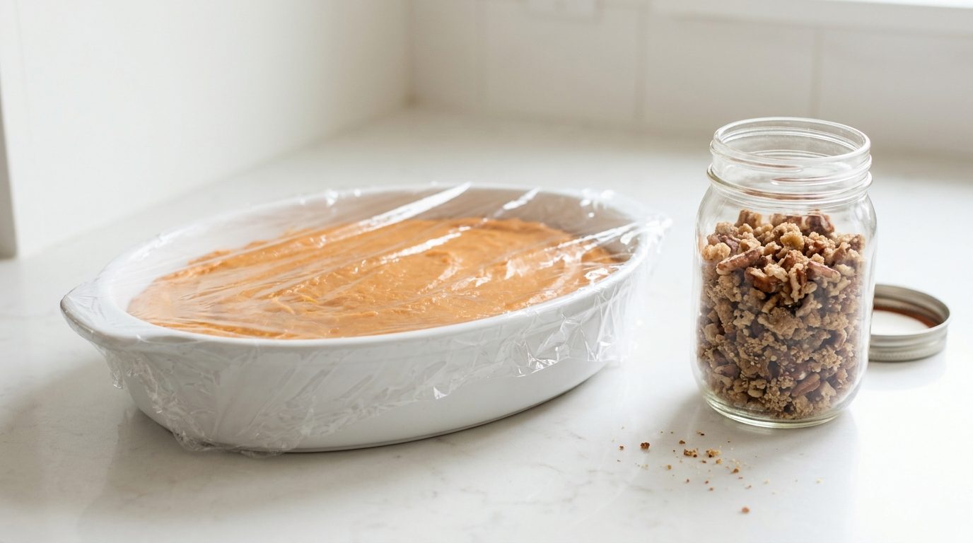 Make ahead sweet potato casserole covered in plastic wrap with the topping in a jar beside it