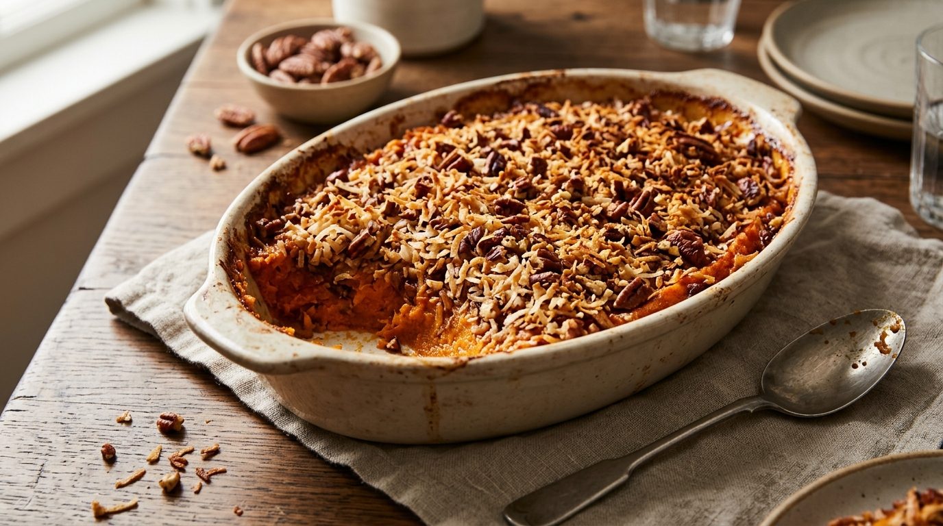 Toasted coconut and pecan topping on a baked orange filling