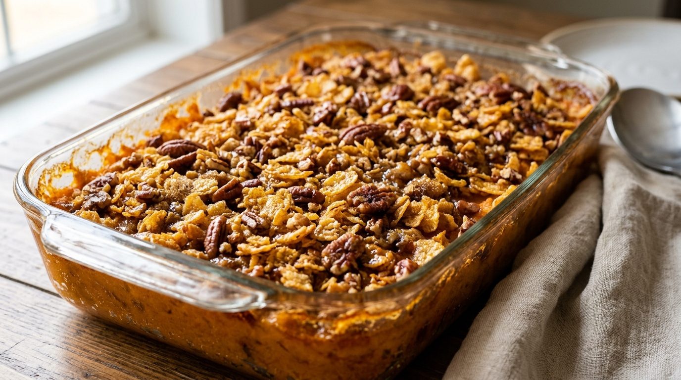 Golden cornflake and pecan crunch topping on a baked orange filling