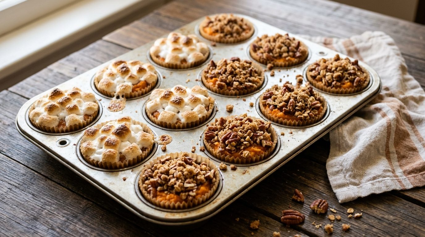 Sweet potato casserole cups in a muffin tin with marshmallow and pecan tops