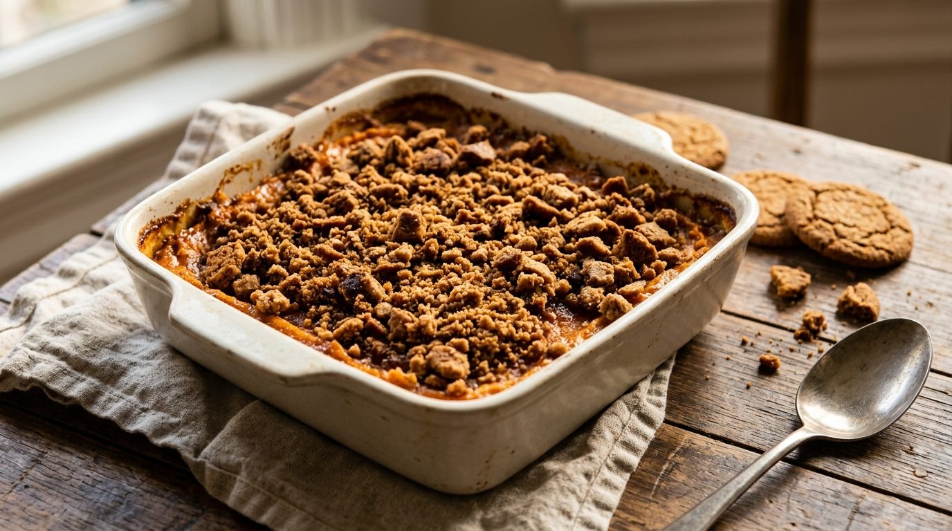Sweet potato casserole with a gingersnap cookie crumble