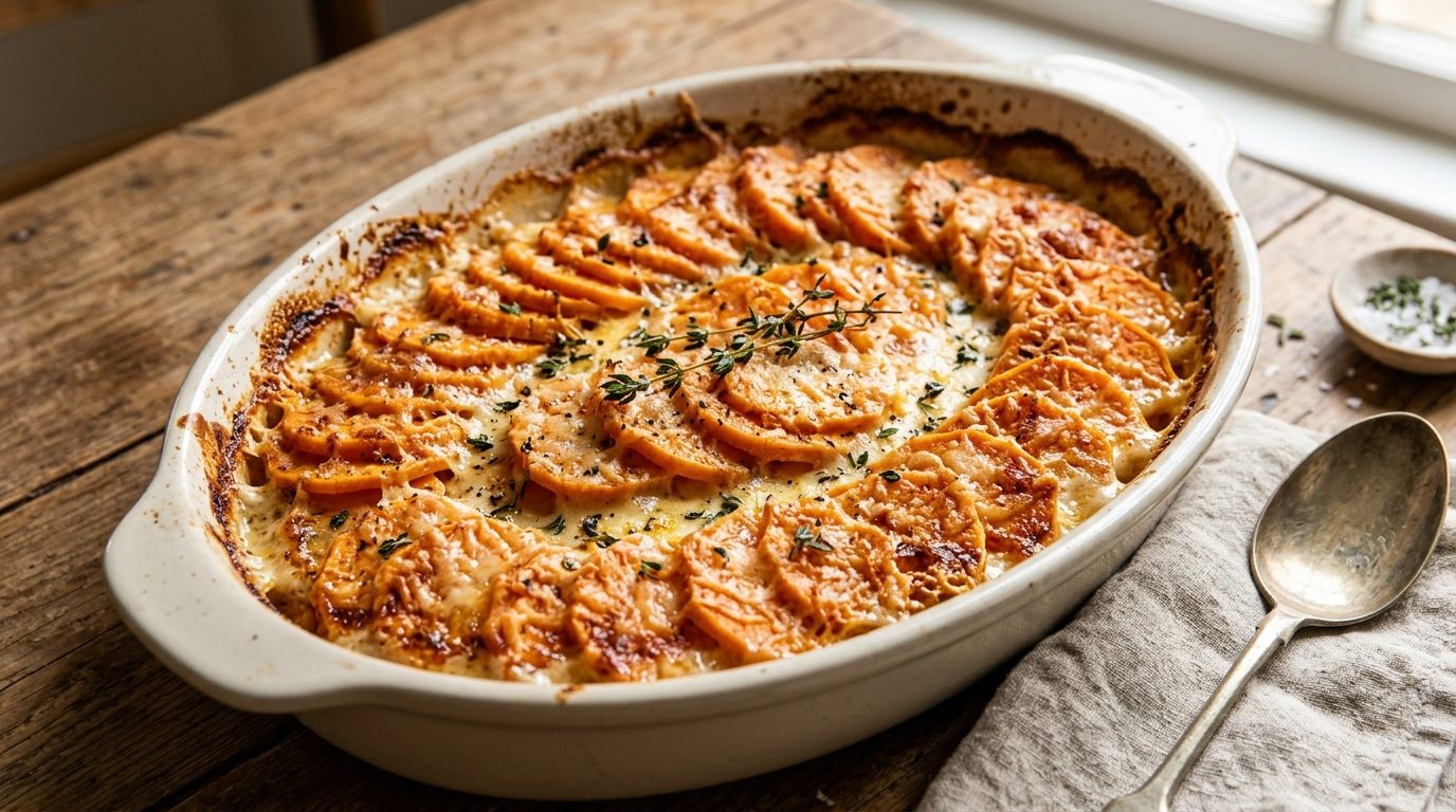 Savory gratin of thin orange slices with Parmesan and thyme
