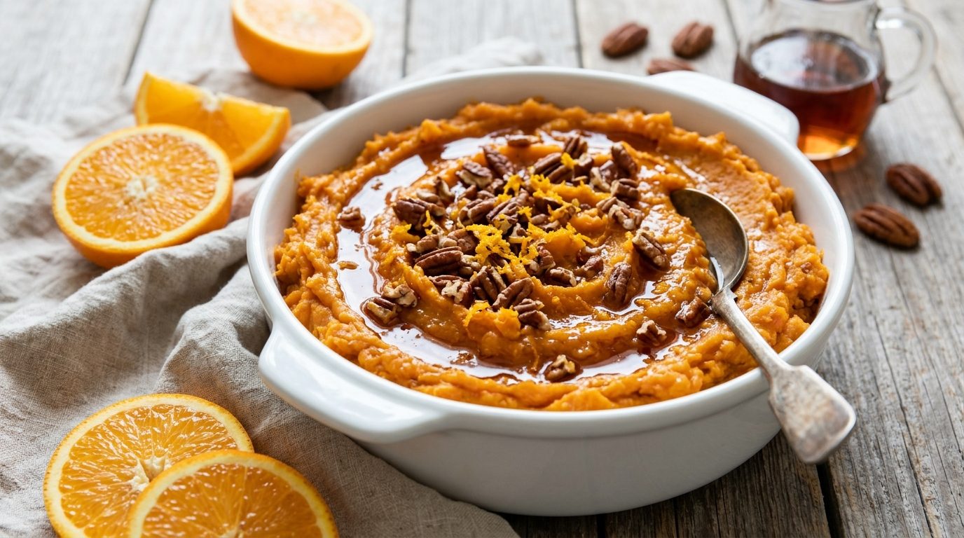 Maple orange mash with orange zest, pecans and a drizzle of maple syrup