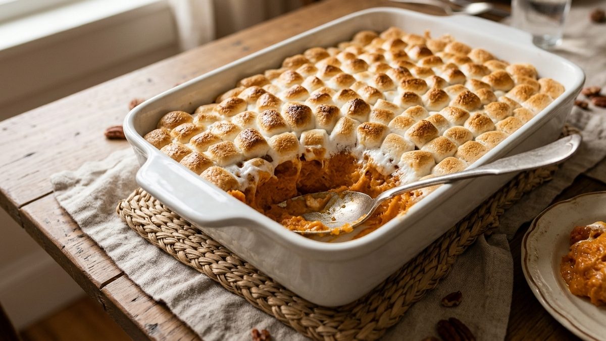 Classic sweet potato casserole topped with golden toasted marshmallows
