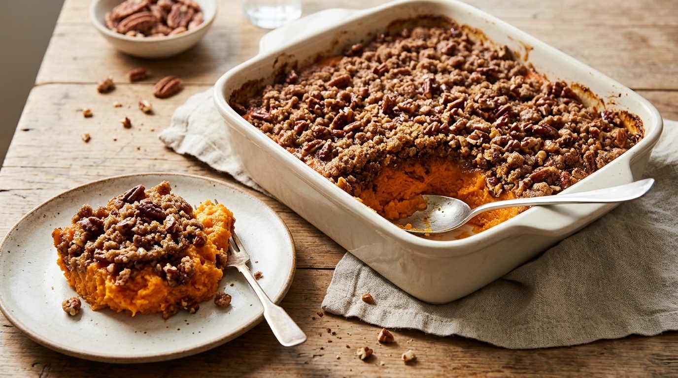 Sweet potato casserole with a crunchy brown sugar pecan streusel