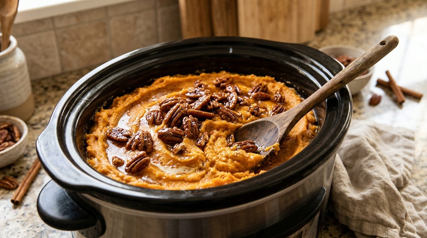 Slow cooker sweet potato casserole topped with candied pecans