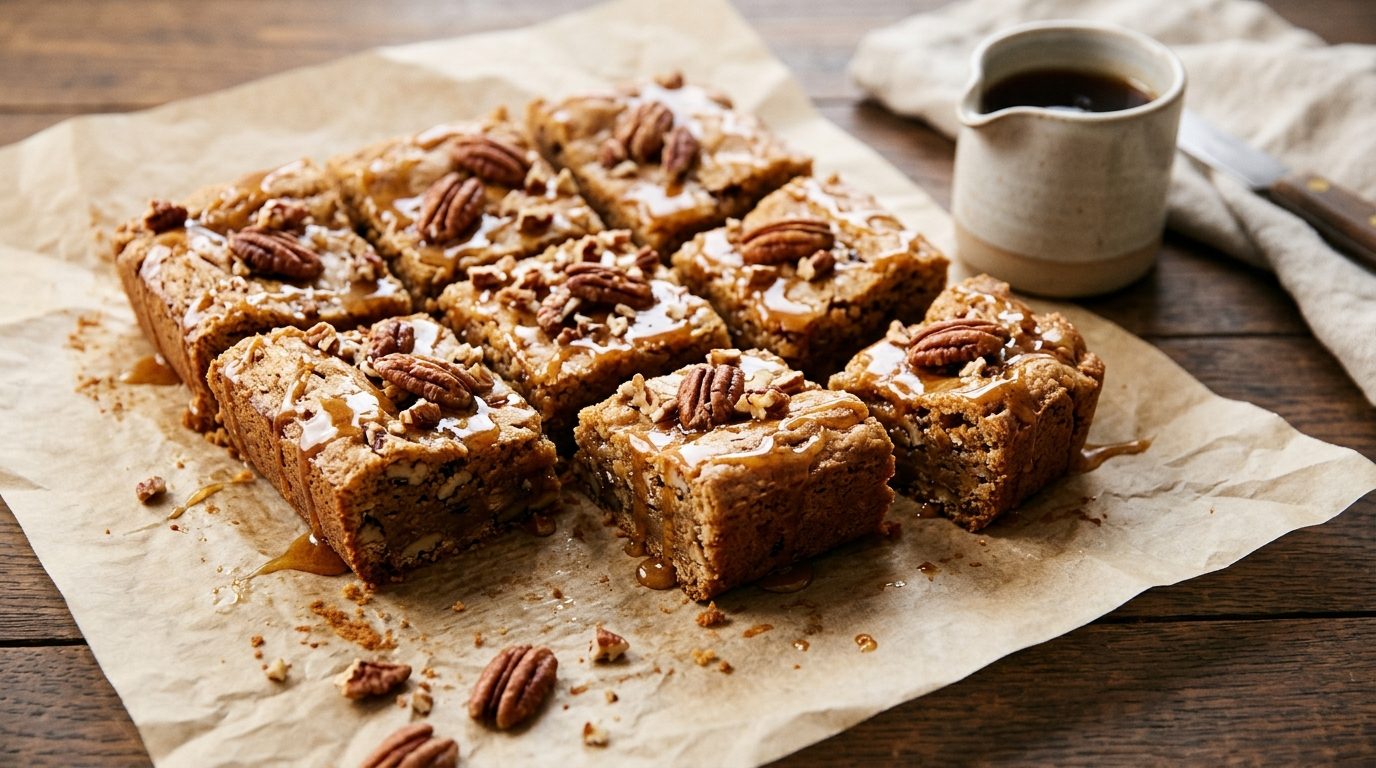 Maple pecan blondies with maple glaze on parchment