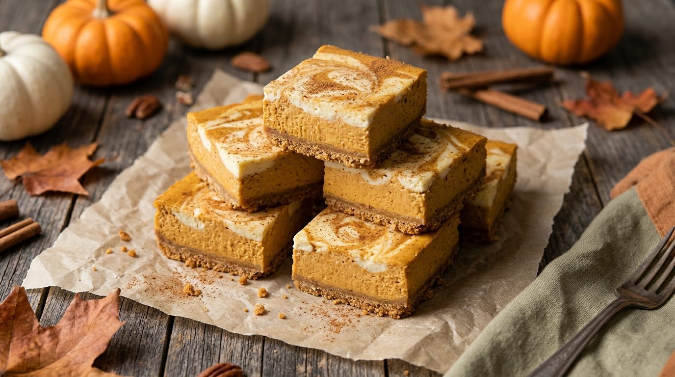 Pumpkin cheesecake bars with a graham crust and a cream cheese swirl
