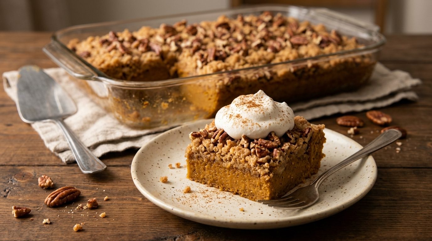 Thanksgiving desserts made easy: a square of pumpkin crunch cake with pecan crumble and whipped cream