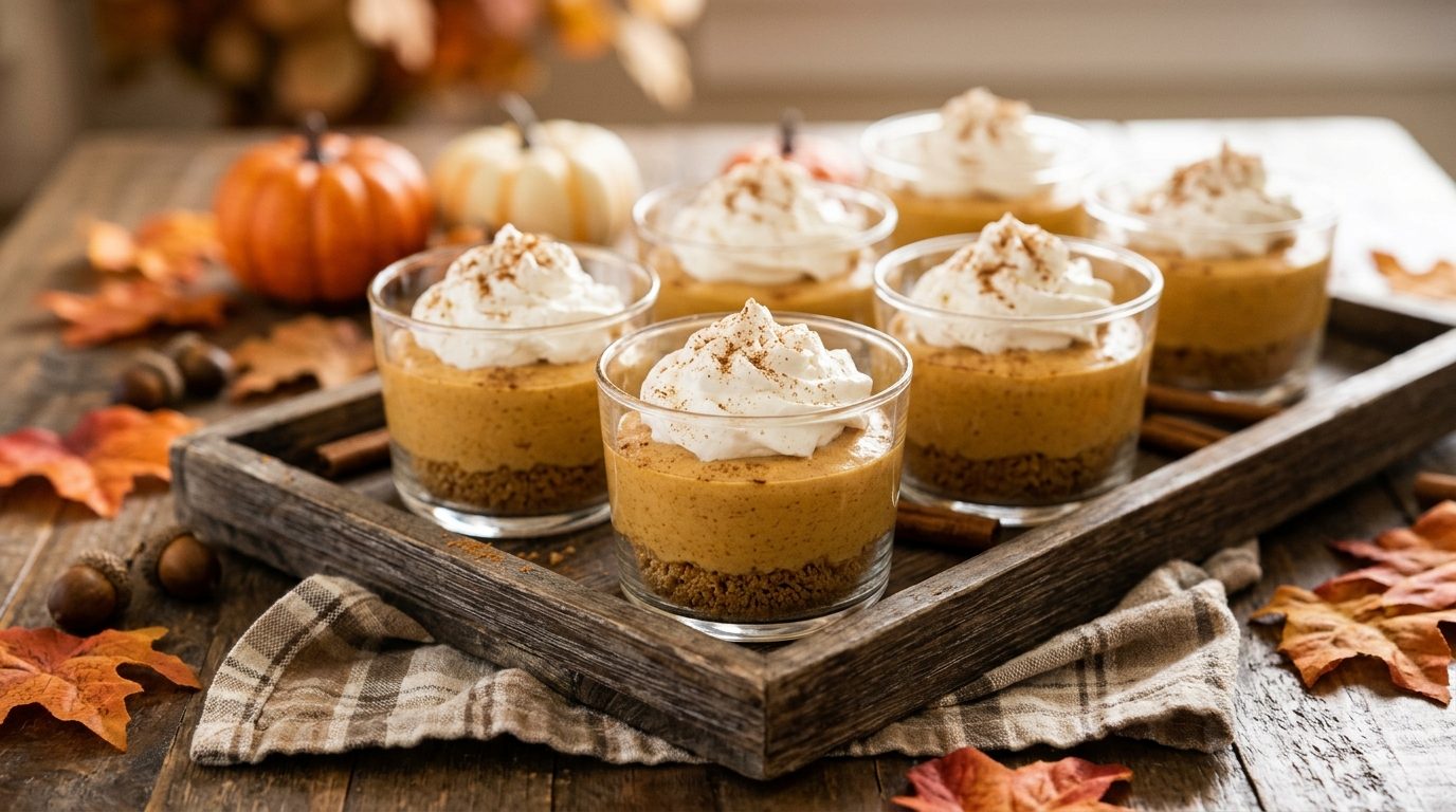 No bake pumpkin cheesecake cups with whipped cream on a wooden tray