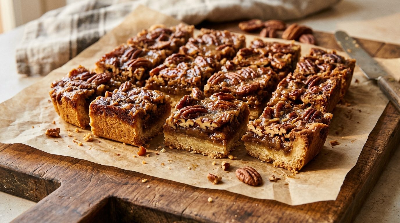 Thanksgiving desserts without the crust stress: pecan pie bars cut into squares